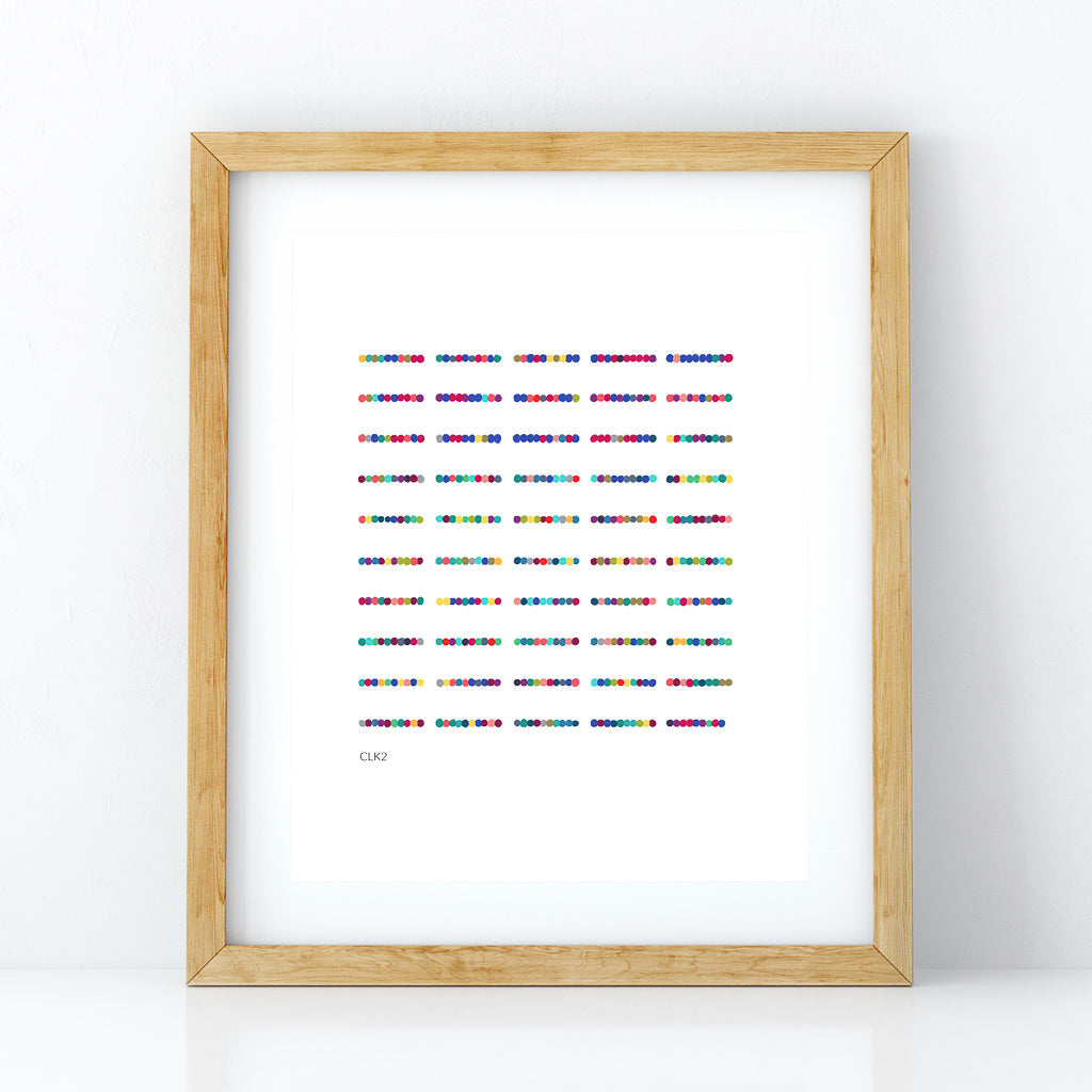 CLK2 art print framed in wooden frame against white wall