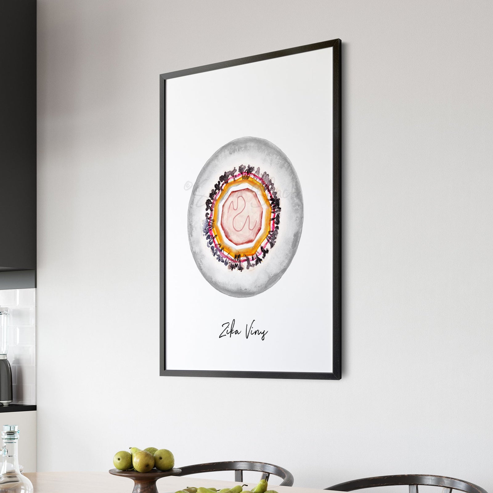 zika virus print framed in kitchen