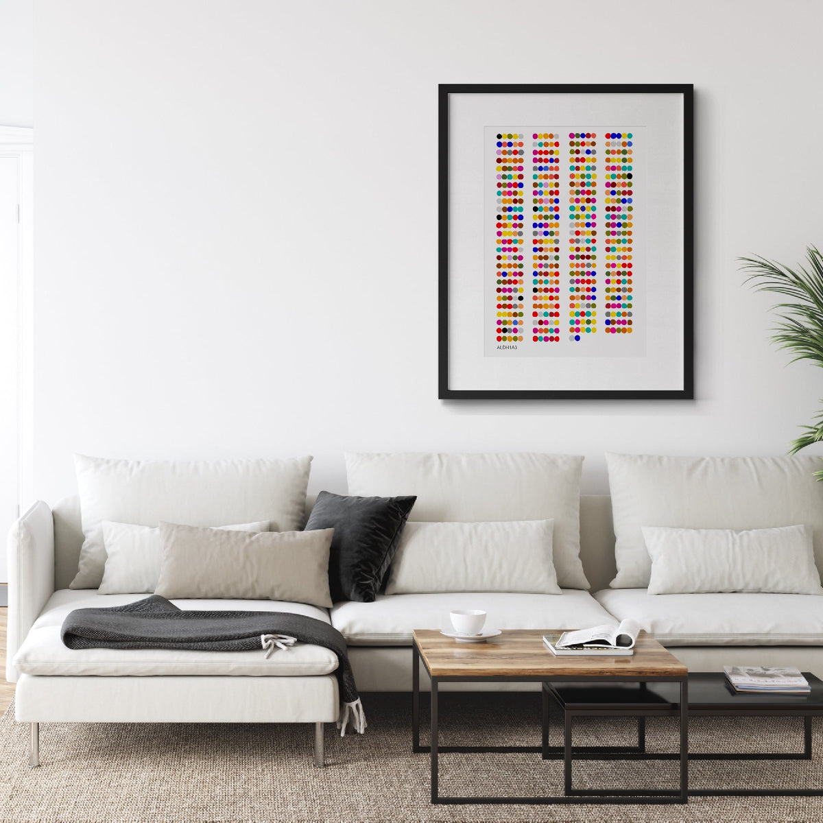 ALDH1A3 framed print hanging above a couch