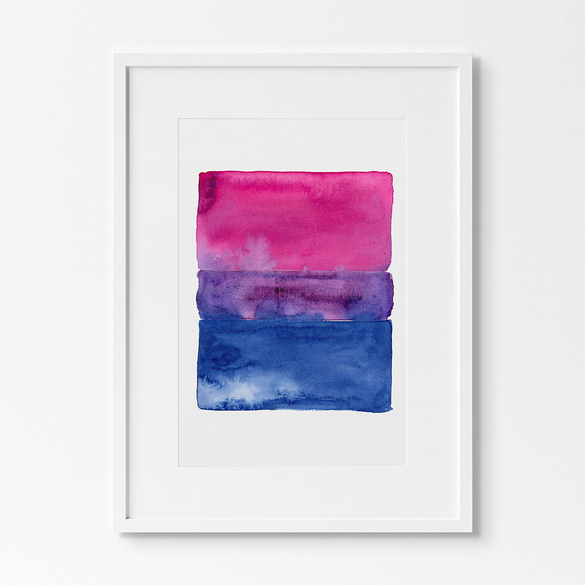 Watercolor art print of bisexual pride flag in white frame.