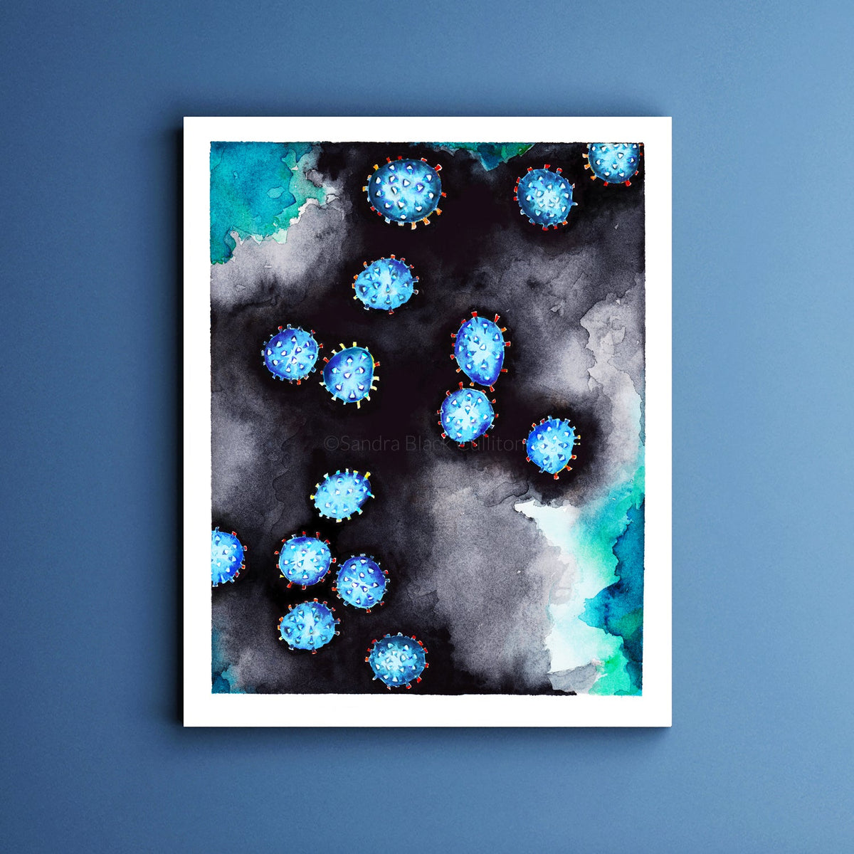 Coronavirus sarscov2 fine art print against blue background.