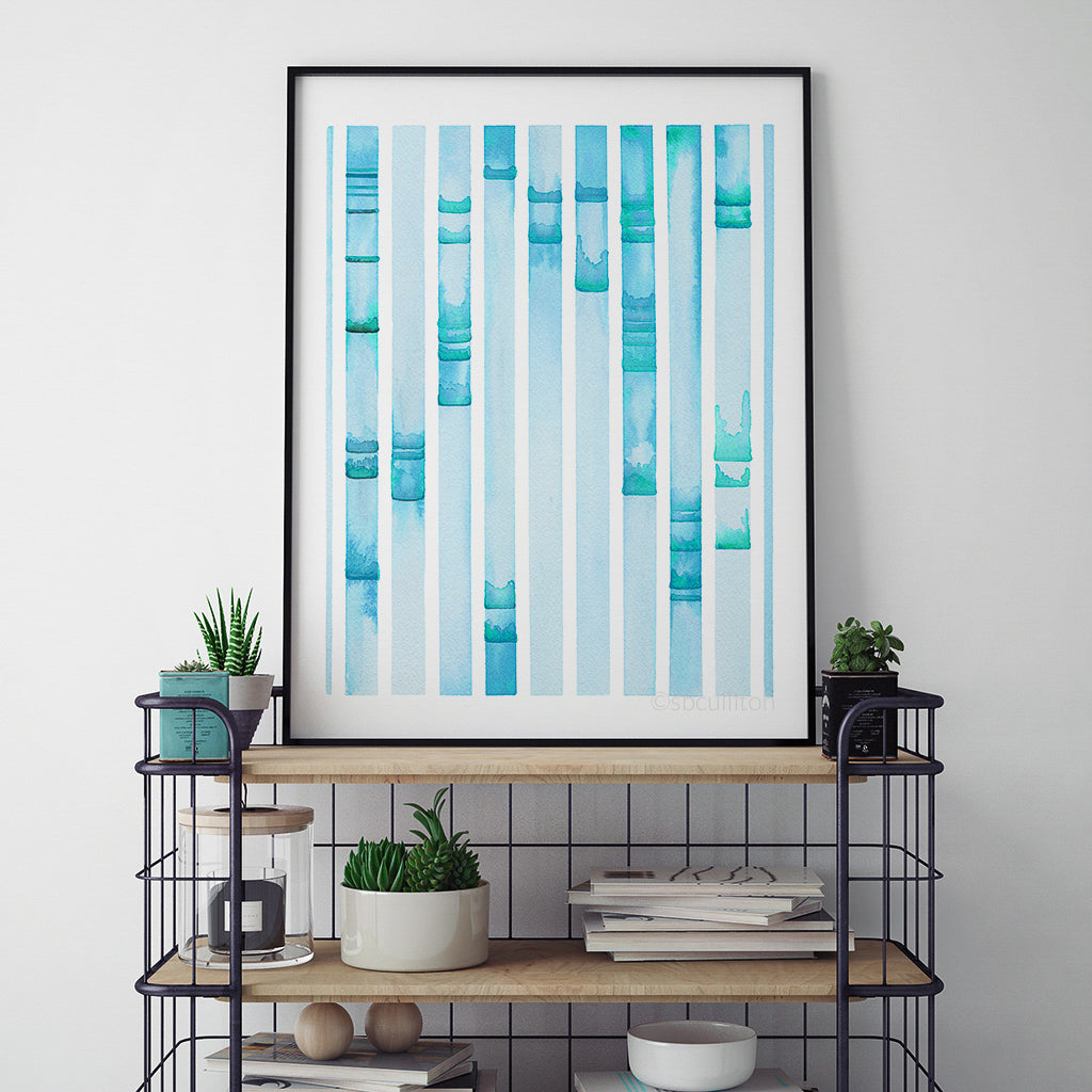 Electrophoresis 7 watercolor print in frame on table.