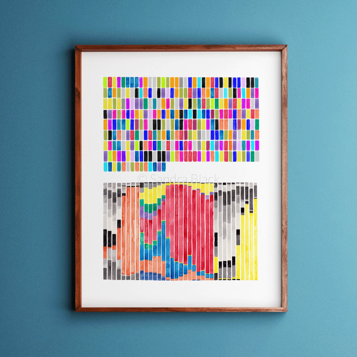 Protein profile print in wooden frame with robins egg blue background wall