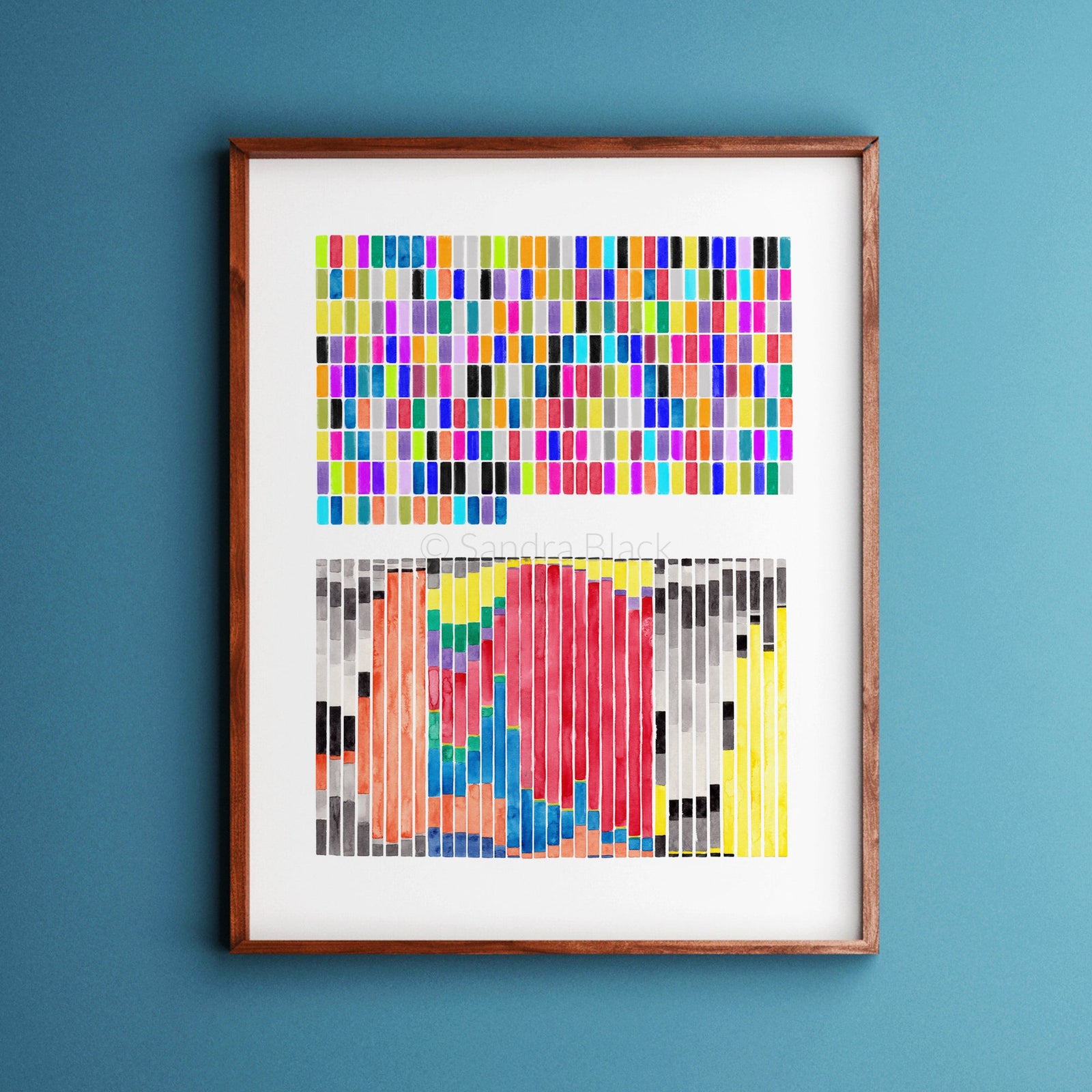 Protein profile print in wooden frame with robins egg blue background wall