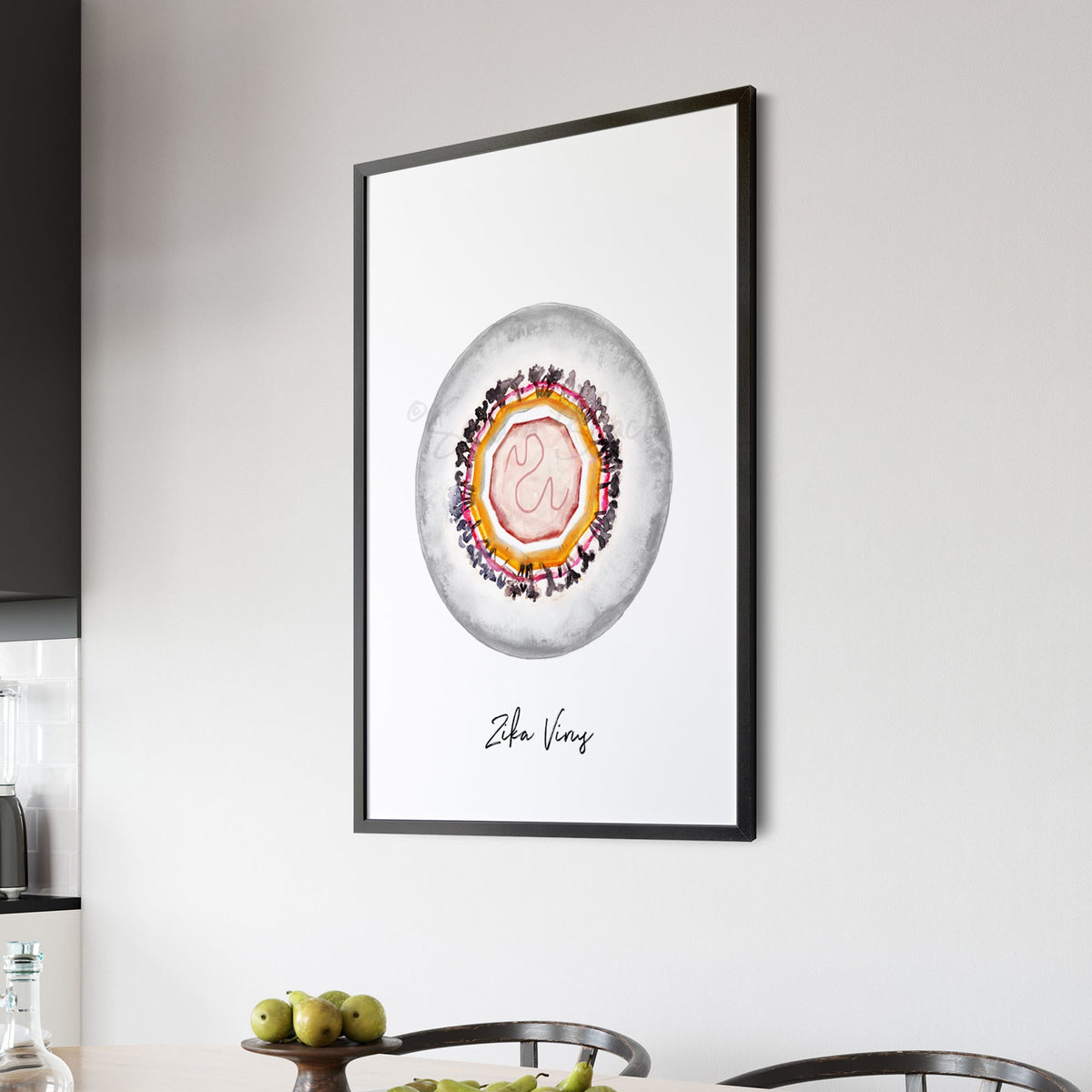 zika virus print framed in kitchen 
